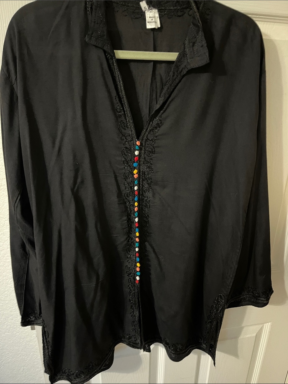 Black Long-Sleeve Tunic with Multicolor thread balls Trim
